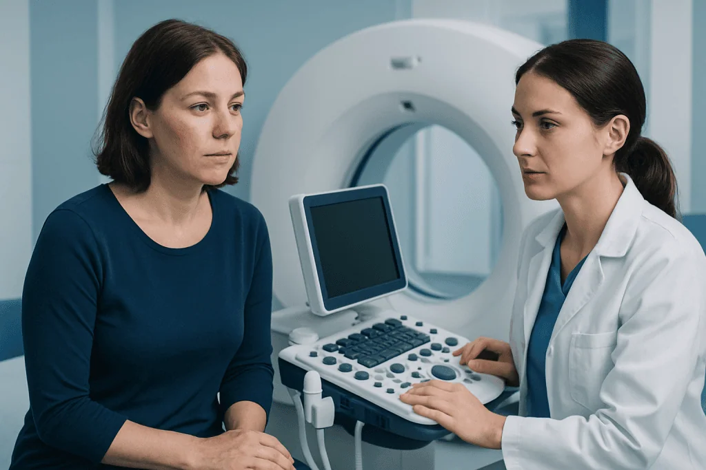Medical professional performs ultrasound scan on patient in hospital.