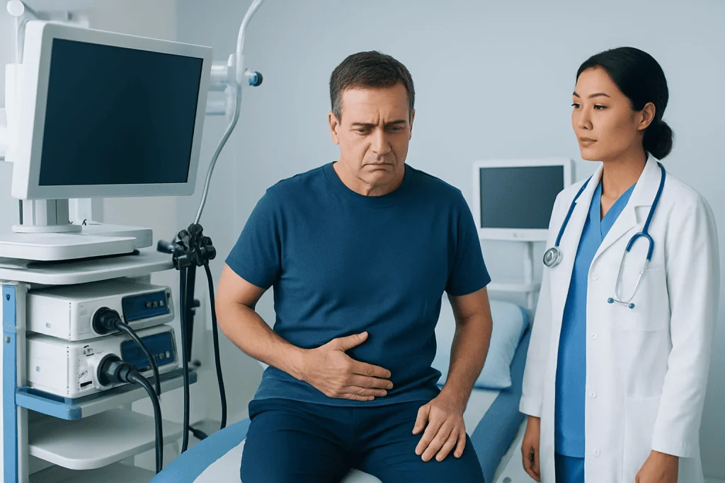Patient experiencing stomach pain during endoscopy procedure at hospital.