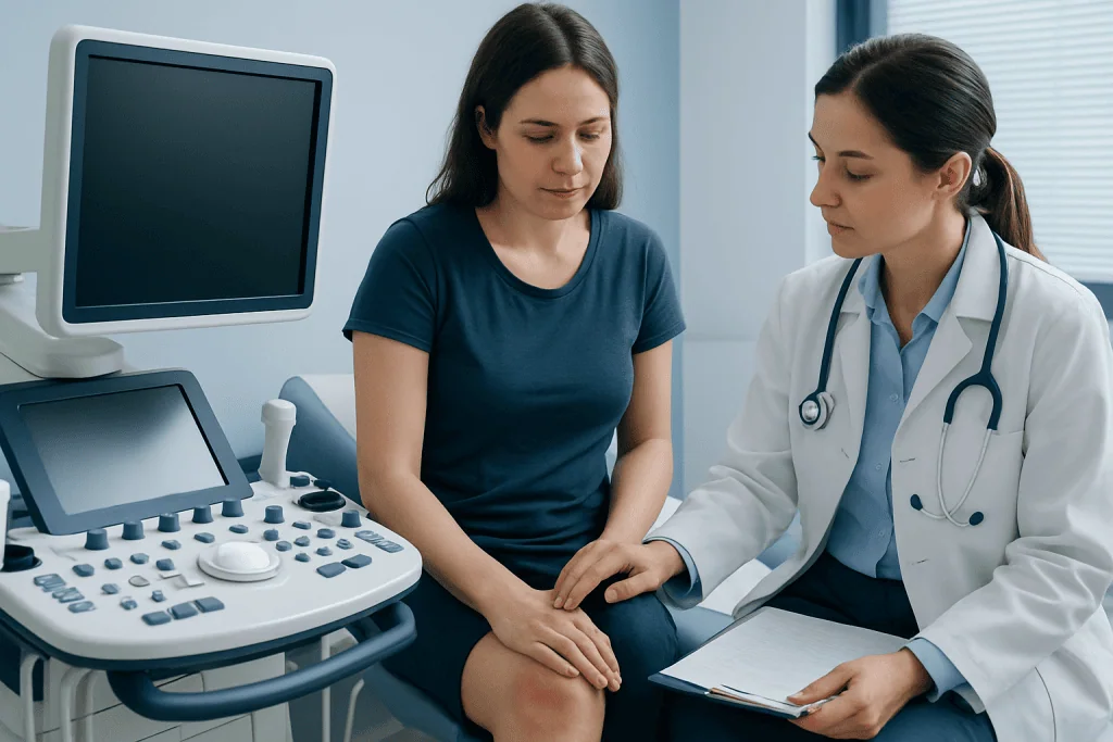 Doctor examining patient during medical consultation at hospital.