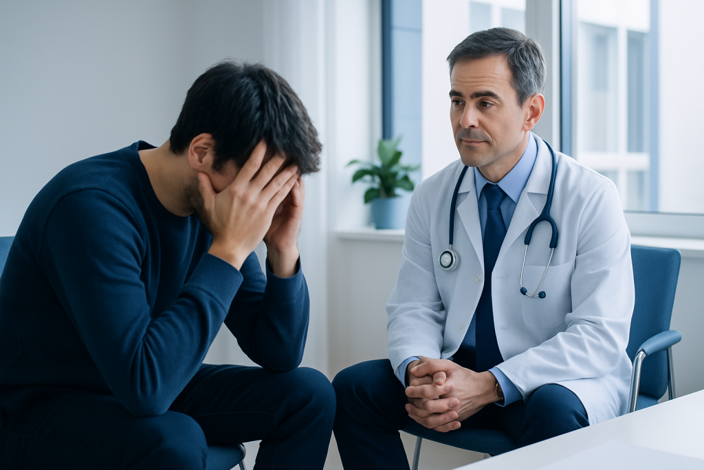 Doctor consulting with a patient experiencing distress in a medical office.