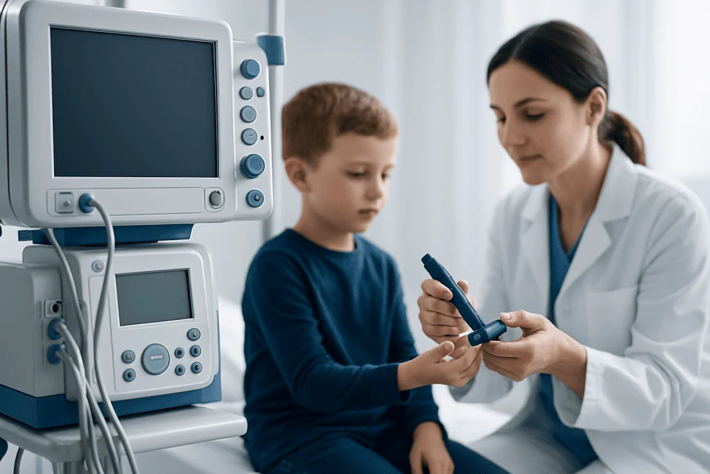 Pediatric doctor examining a young boy with medical equipment in the background.