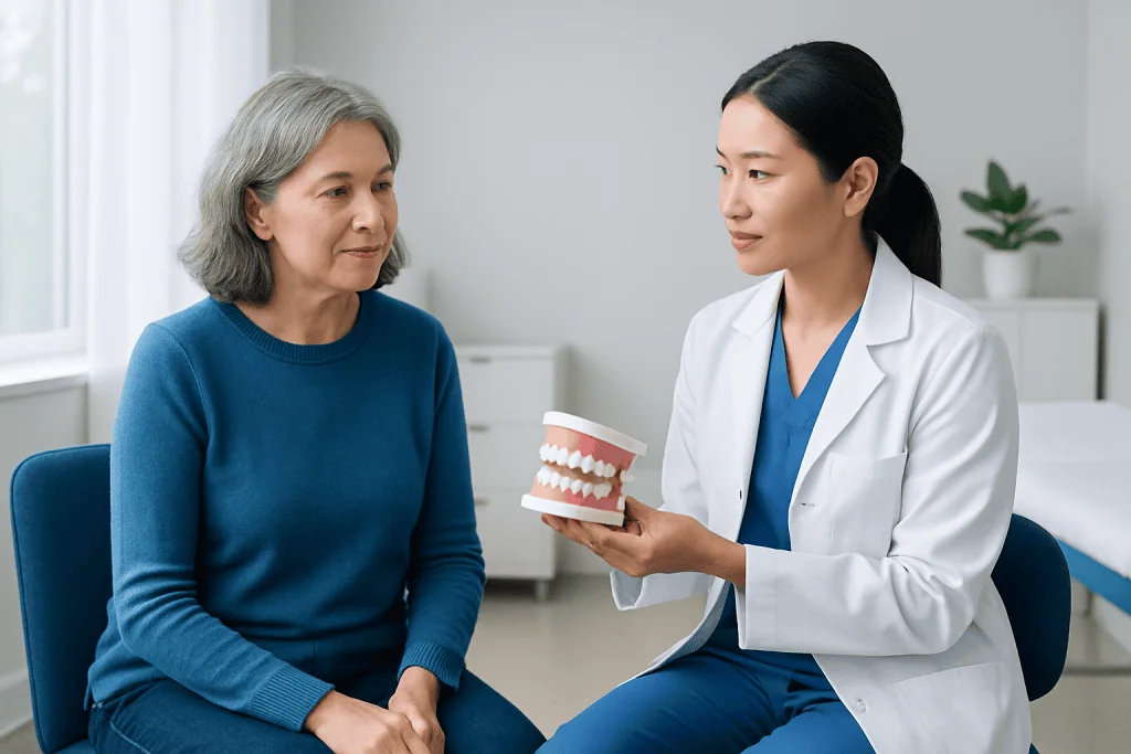 Dentist explaining dental bridge to patient in clinic setting.