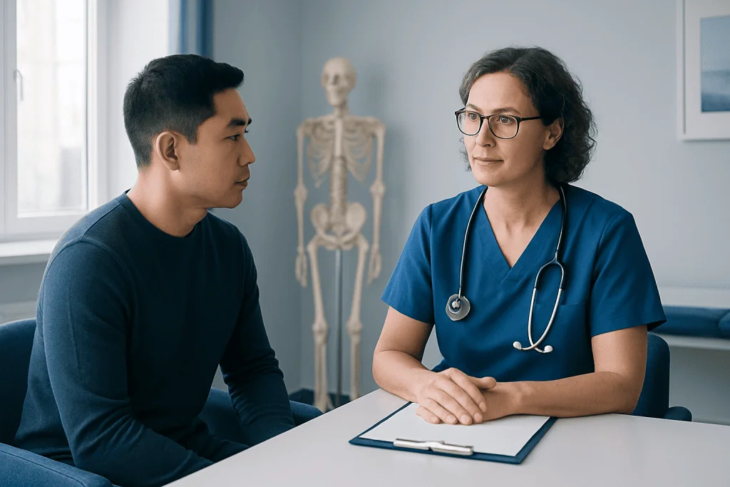 Medical consultation with a nurse and patient in a clinical setting.
