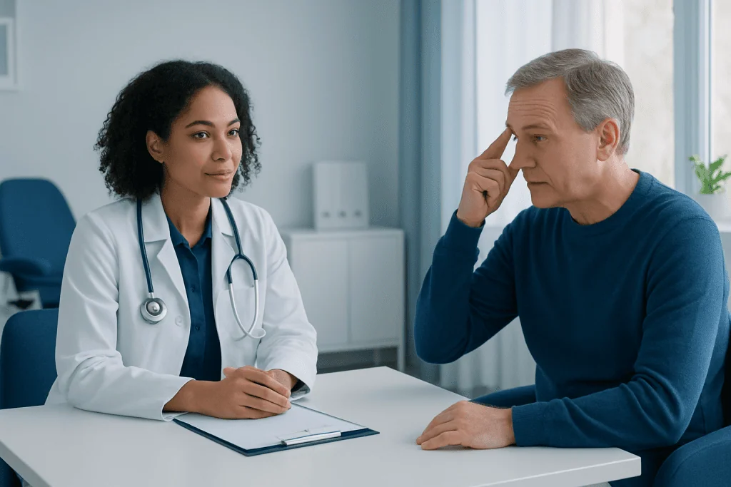 Doctor consulting with an older male patient in a medical office.