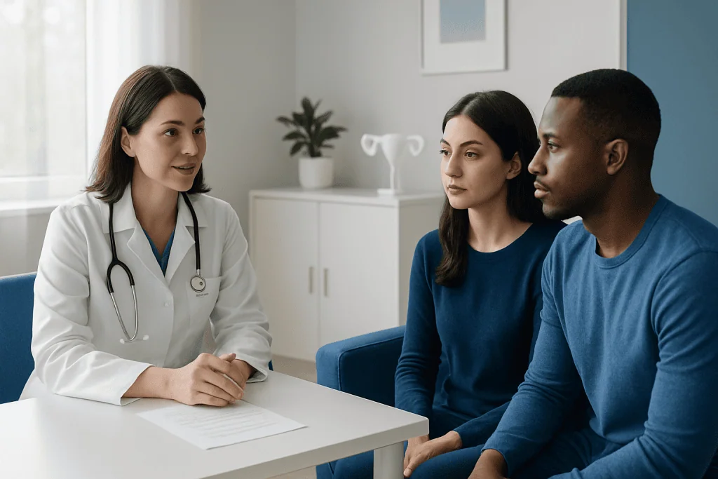 Doctor consulting with a couple in a medical office setting.