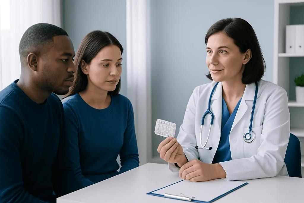 Doctor explaining birth control options to young women in a consultation.