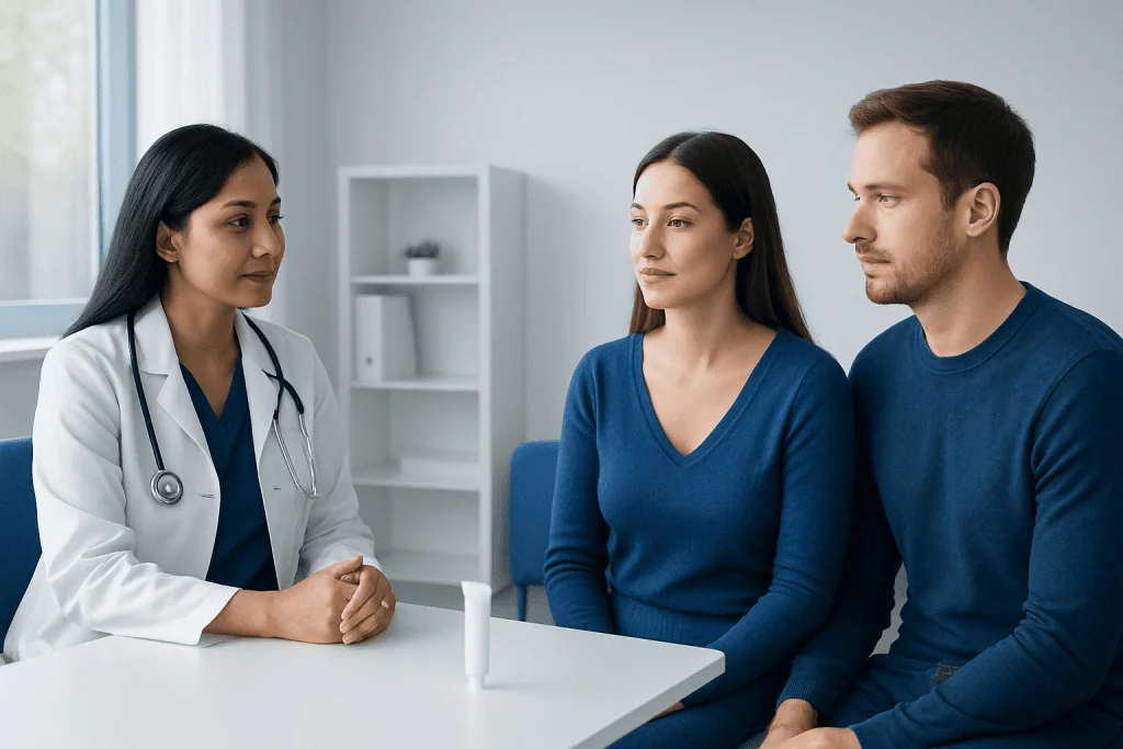 Doctor consulting with a couple about reproductive health in a clinic setting.