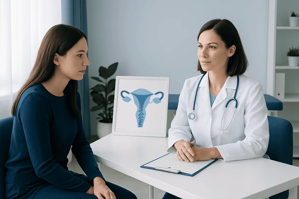 Doctor explaining female reproductive system to patient in clinic setting.