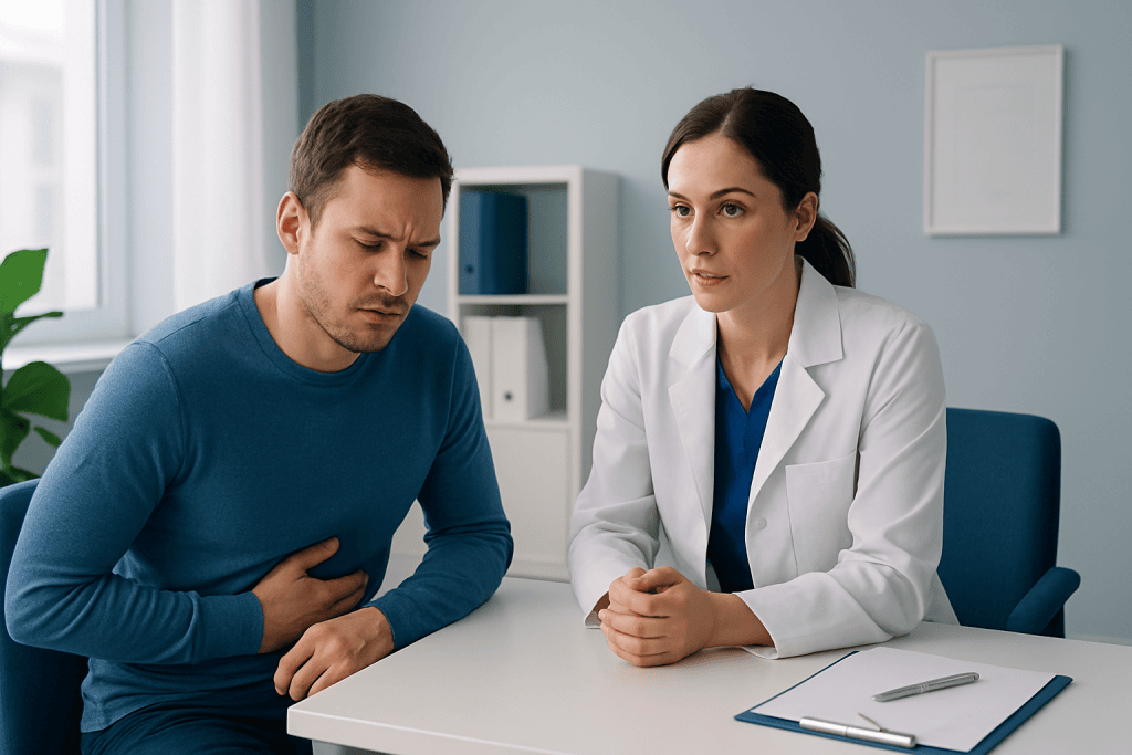 Patient experiencing stomach pain during consultation at Acibadem Hospital.