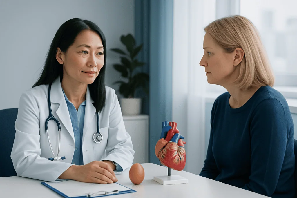 Doctor consulting with patient about heart health in a medical office.