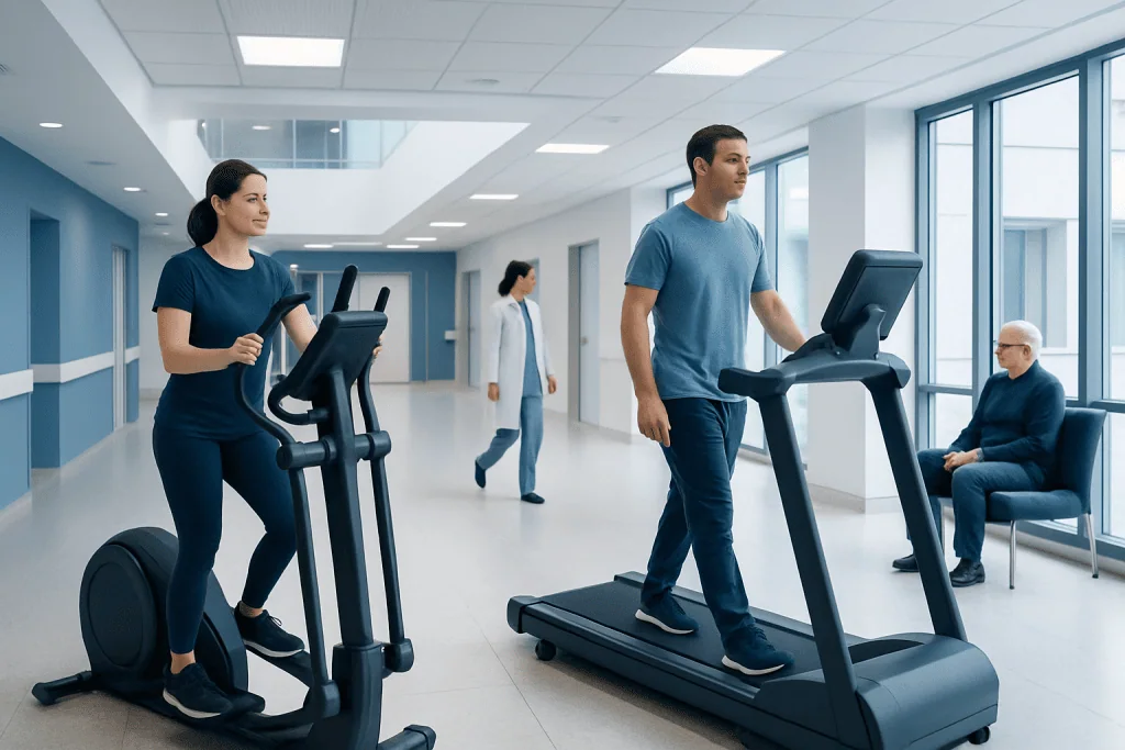 Elliptical vs Treadmill: Key Differences and How Doctors Tell Them Apart 1 Patients exercising on treadmill and elliptical in hospital corridor.