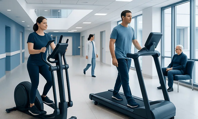 Patients exercising on treadmill and elliptical in hospital corridor.