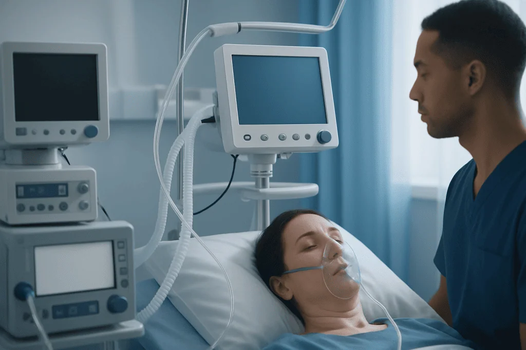 Patient in ICU with ventilator and monitoring equipment at Acibadem Hospital.
