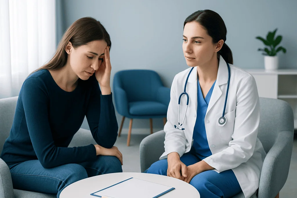 Doctor consulting with a patient about mental health concerns in a clinical setting.