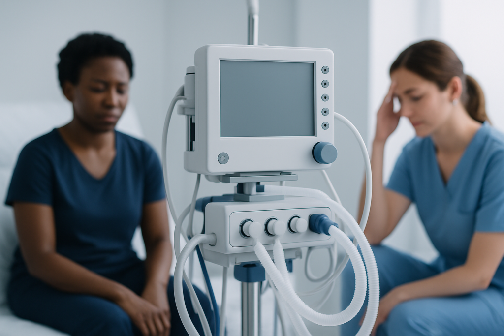 Patients in hospital with medical monitor in foreground.