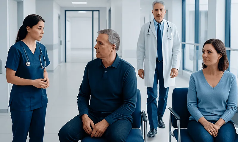 Medical consultation with healthcare professionals and patients in a hospital corridor.