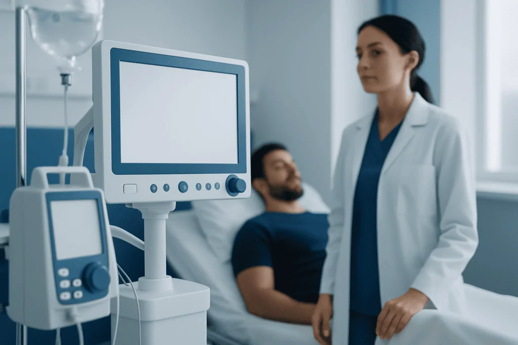Doctor and patient in hospital room with medical monitors and equipment.