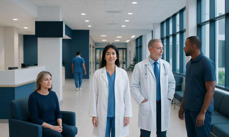 Medical professionals and patient in a hospital corridor.