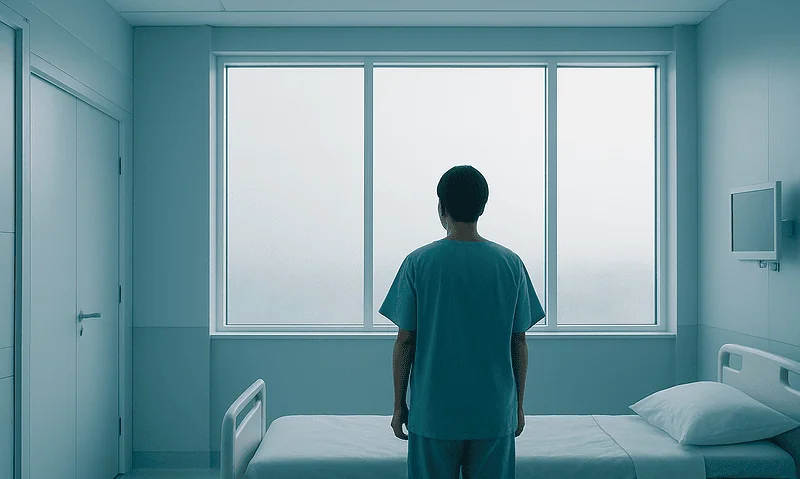 Patient in hospital room looking out window, contemplating treatment options.