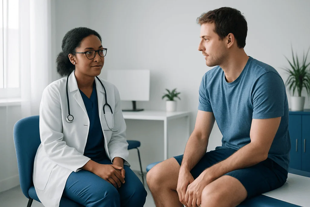 Doctor consulting with male patient in a medical office setting.