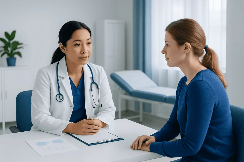 Doctor consulting with patient in a medical office setting.