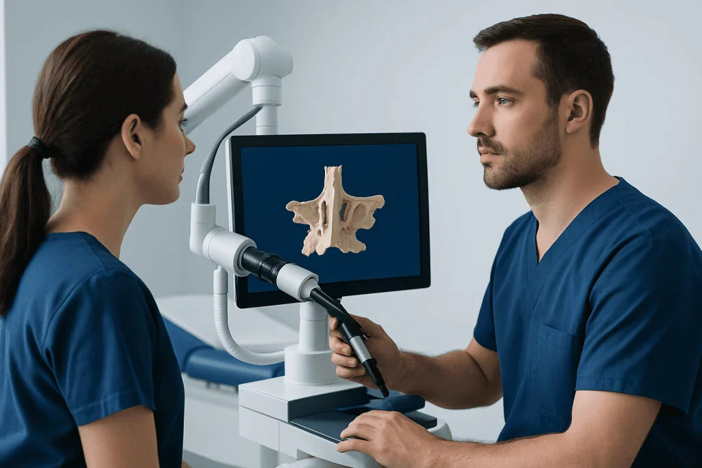 Medical professionals examining a 3D model of the ethmoid bone in a clinical setting.