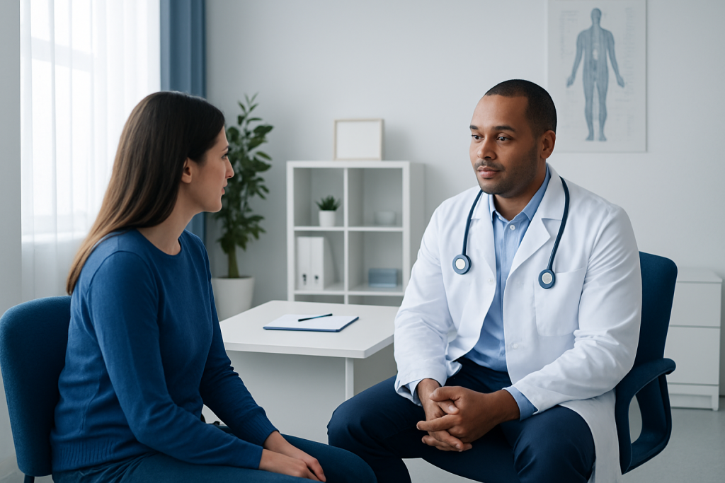 Doctor consulting with a patient in a modern medical office.