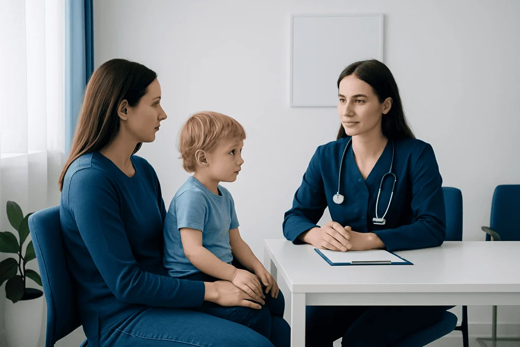 Pediatric consultation at Acibadem Hospital with doctor and mother.