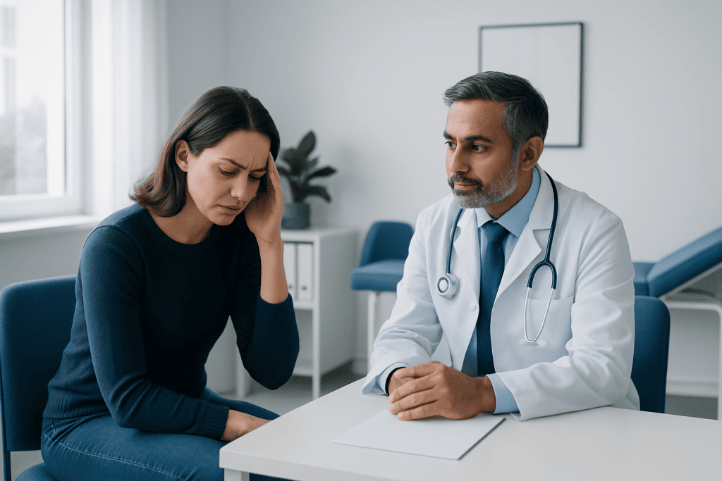 Doctor consulting with a woman patient about headache symptoms in a clinic.