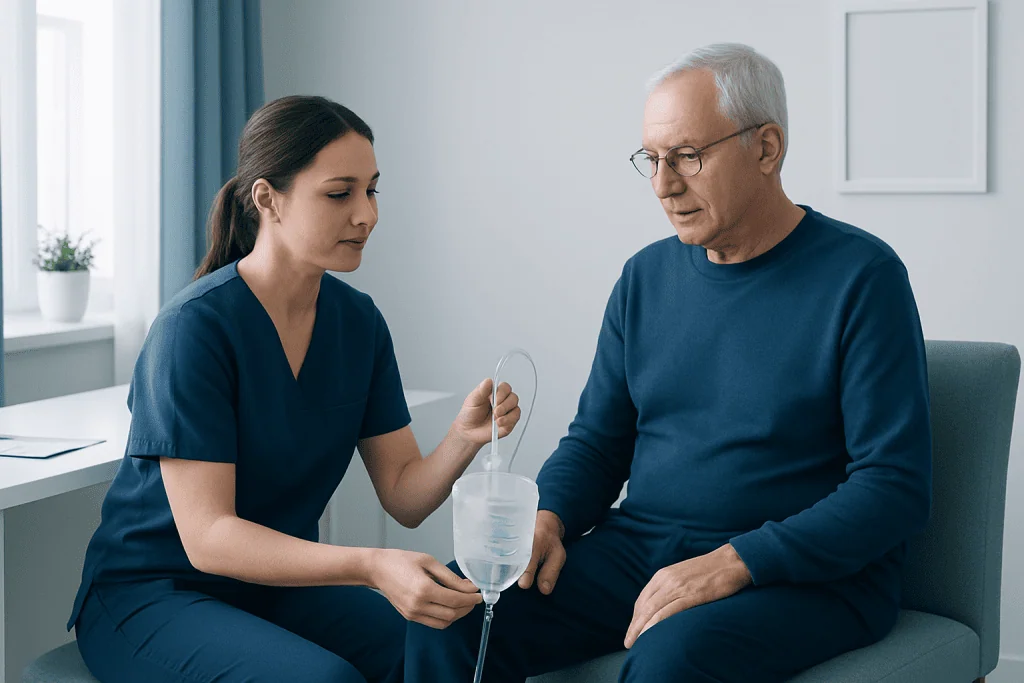 Nurse assisting elderly patient with catheter bag in a medical consultation room.
