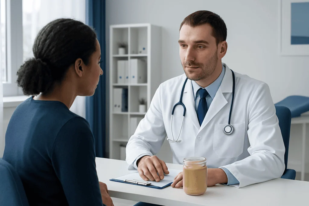 Doctor consulting with a patient in a modern medical office.