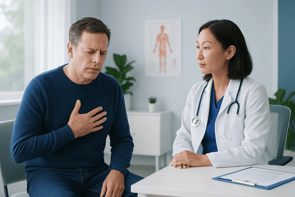 Patient experiencing chest pain during medical consultation at Acibadem Hospital.