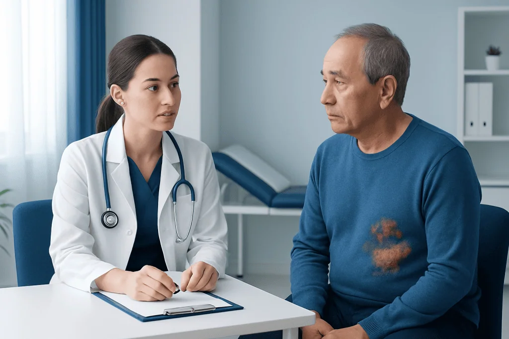 Doctor consulting with a patient about shingles symptoms in a clinic.