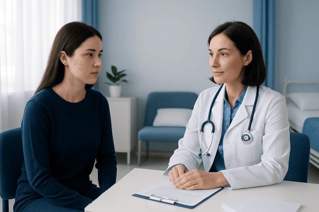 Doctor consulting with a young woman patient in a medical office.