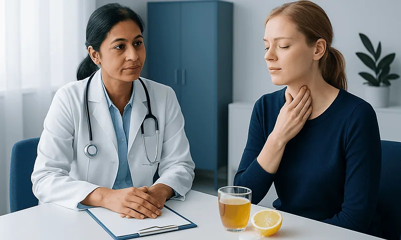 Doctor consulting a patient with sore throat in a medical office.