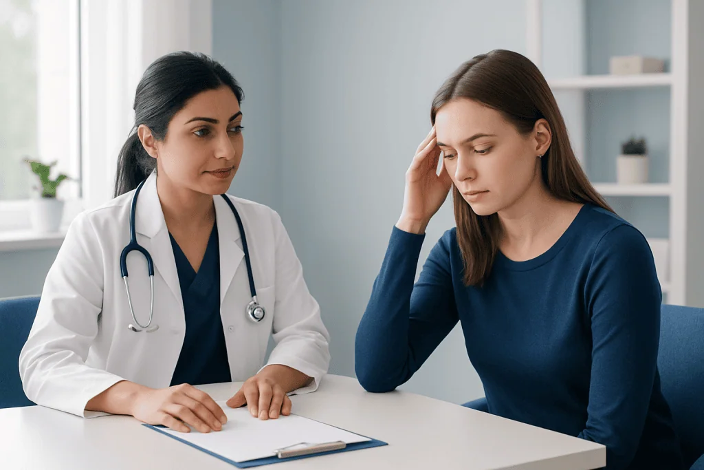 Doctor consulting with a young woman patient about health concerns.