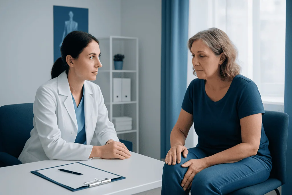 Doctor consulting with a patient about knee pain at a hospital.
