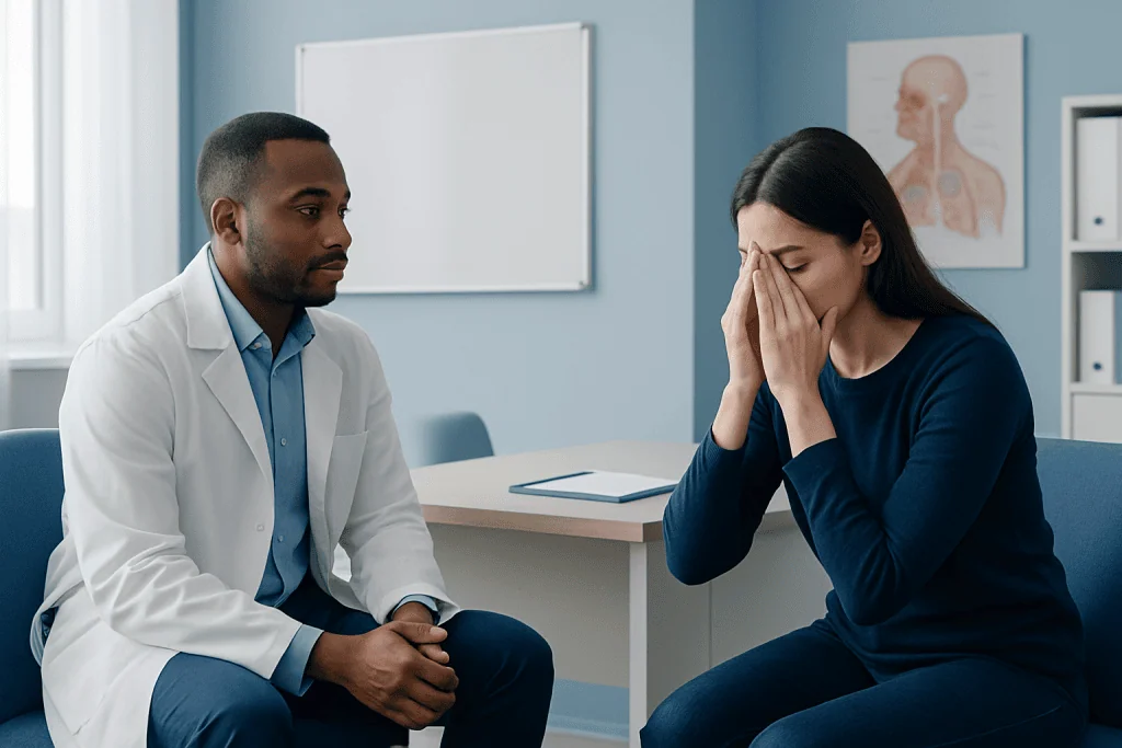 Doctor consulting with woman experiencing sinus pressure in clinic.