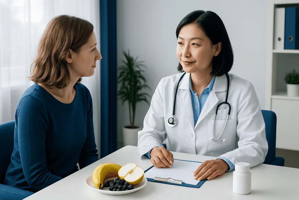Doctor consulting a patient about natural laxatives in a medical office.