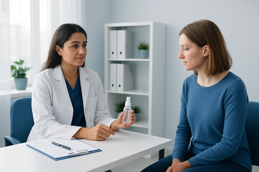 Doctor explaining natural bug repellent to patient in consultation room.