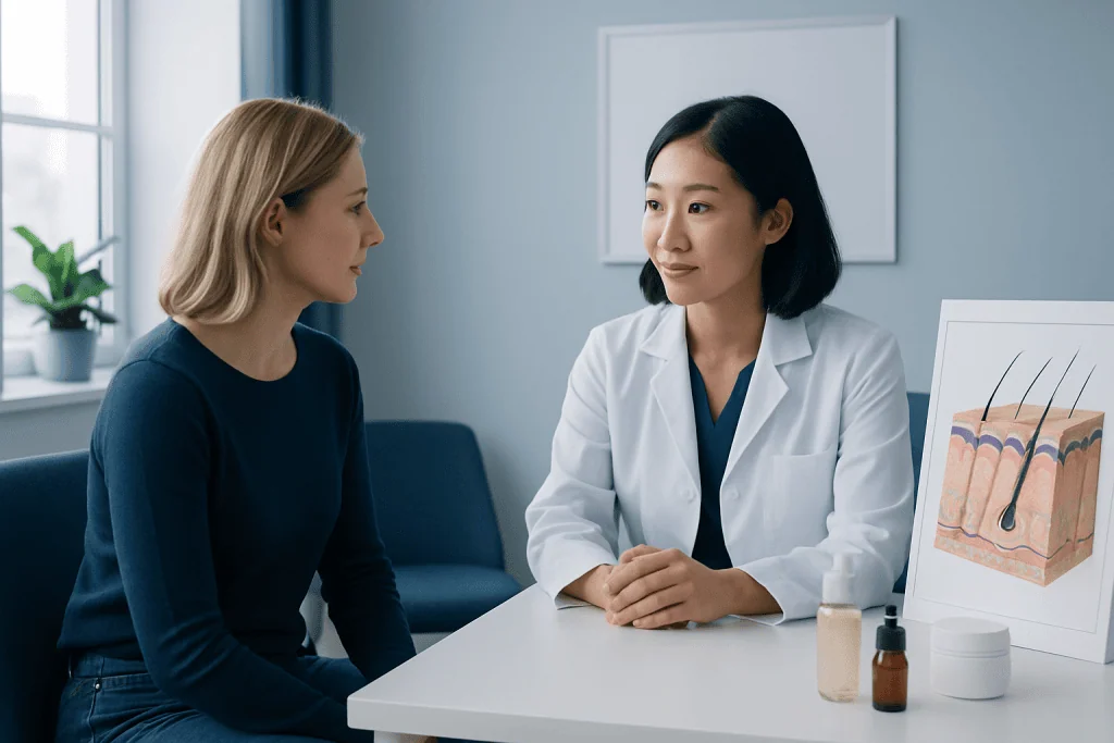 Dermatologist consulting with a patient about skin care treatments.