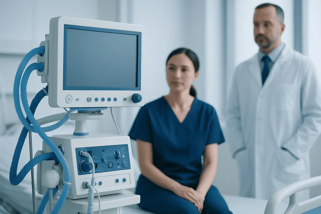Medical professionals with ventilator in hospital room.