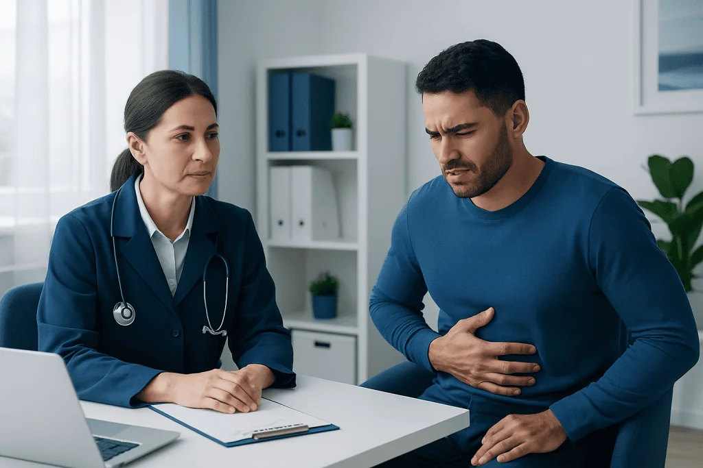Doctor consulting with patient experiencing stomach pain in clinic.