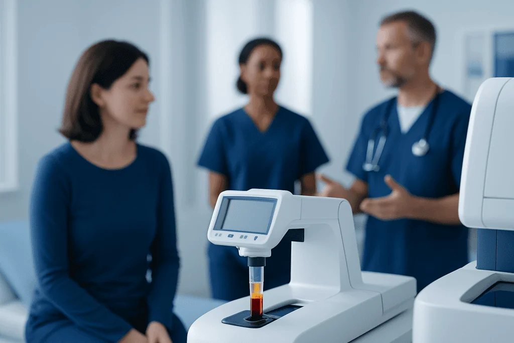 Medical professionals discussing blood test results in a hospital lab.