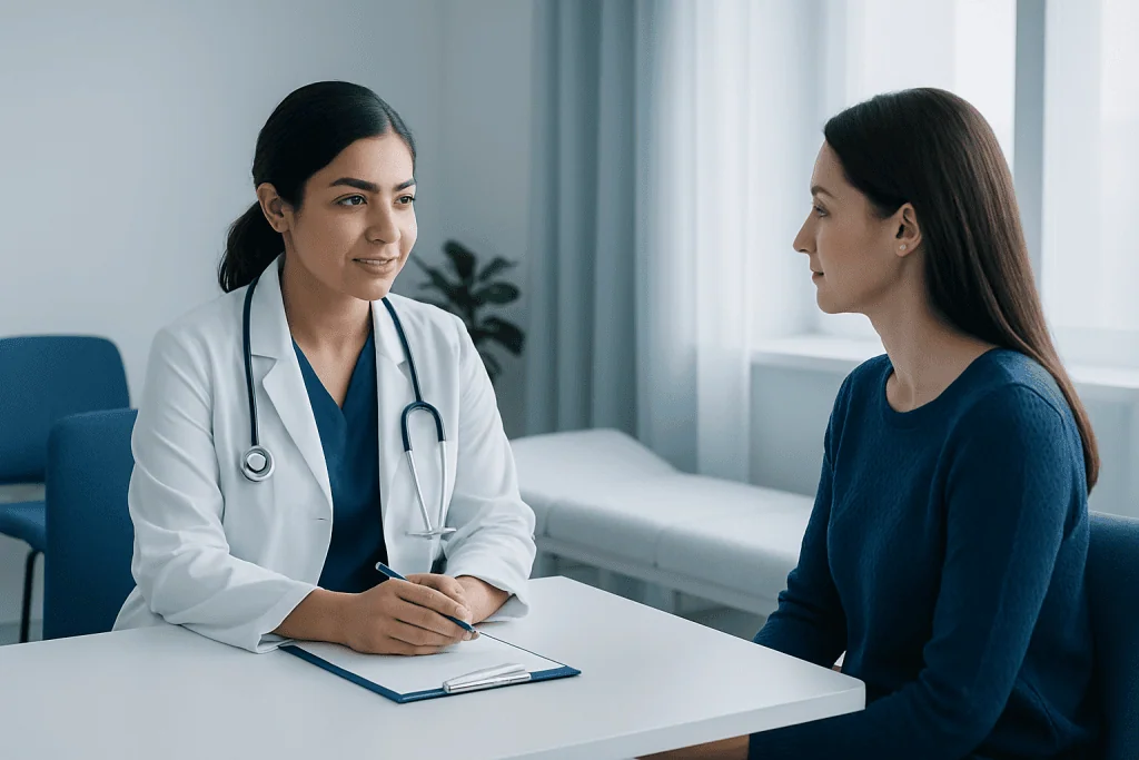 Doctor consulting with patient in a medical office setting.
