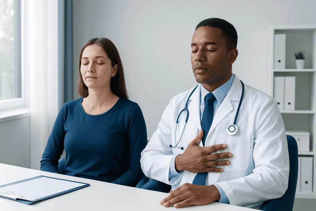 Medical professional and patient practicing deep breathing exercise in clinic.
