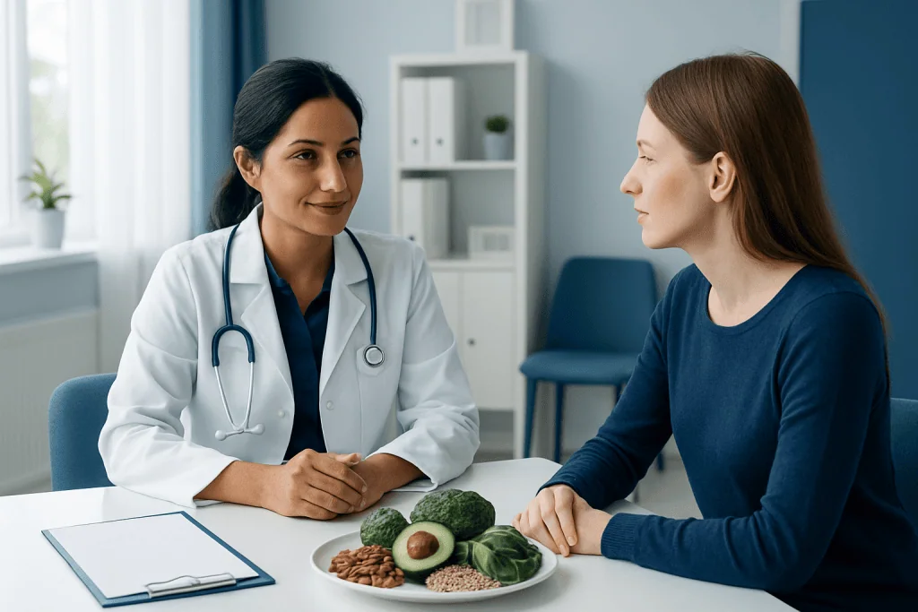 Doctor consulting with patient about healthy foods rich in minerals.
