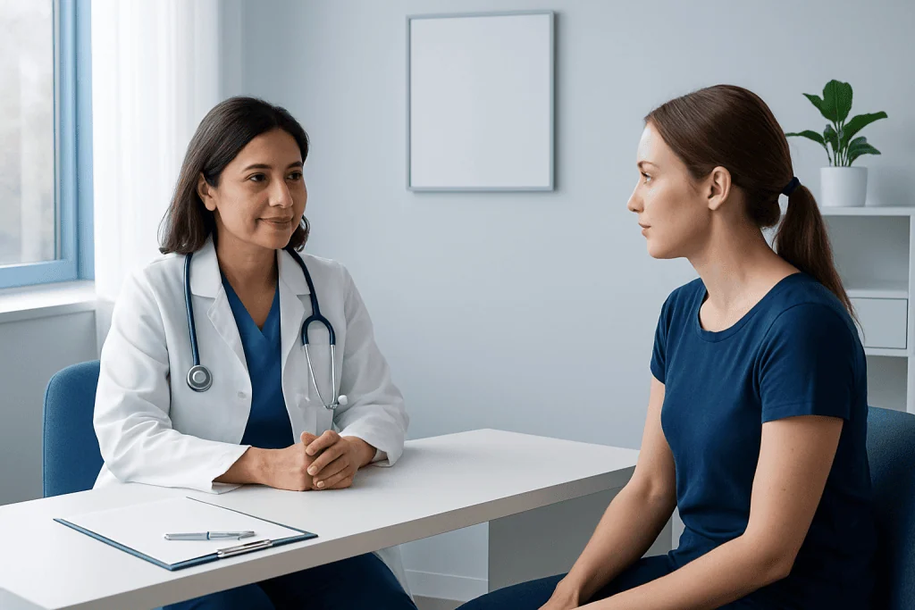 Doctor consulting with a patient in a modern medical office.
