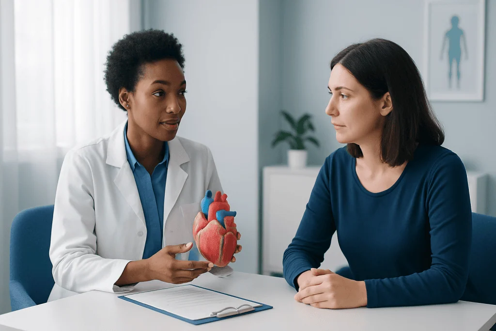 Doctor explaining heart model to patient in consultation room.