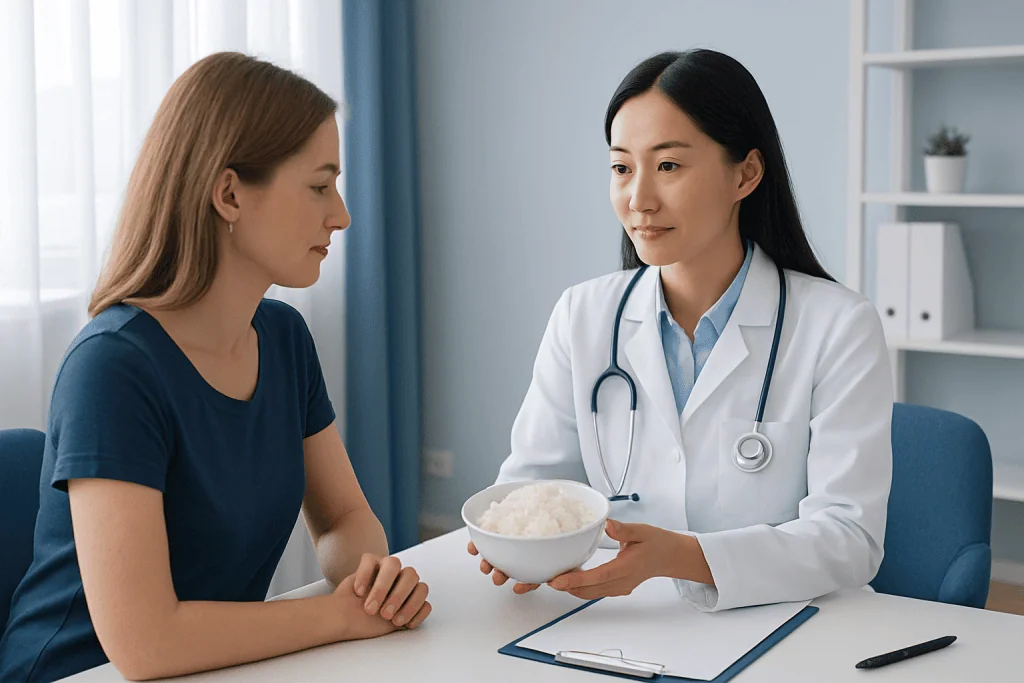 Doctor explaining nutritional benefits of cottage cheese to patient.